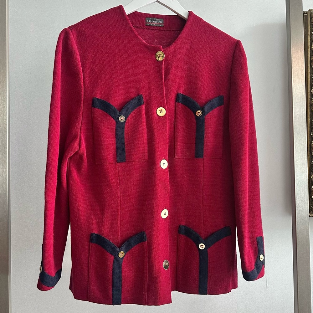 Devernois Paris 1980s Burgundy & Navy Wool Blend Vintage Cardigan Sweater